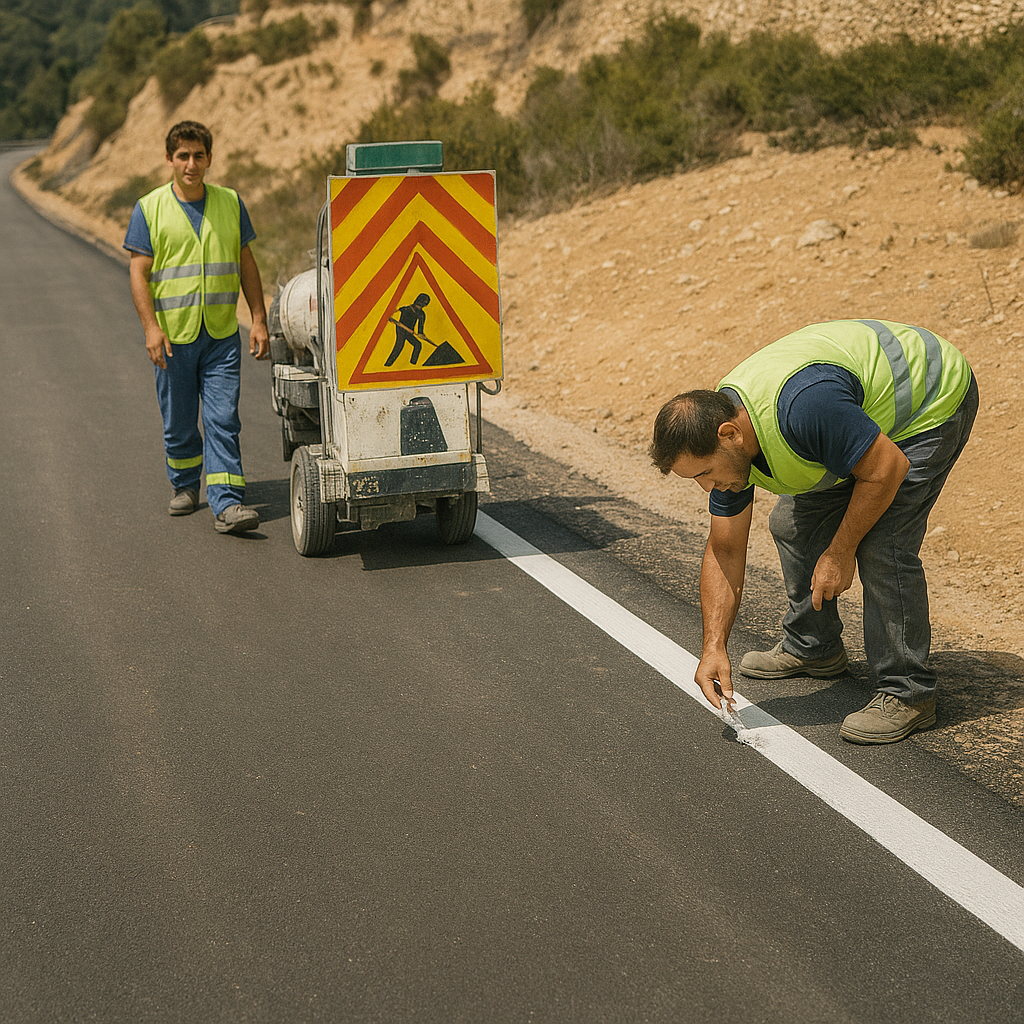 Pintado de líneas viales en carretera recién asfaltada
