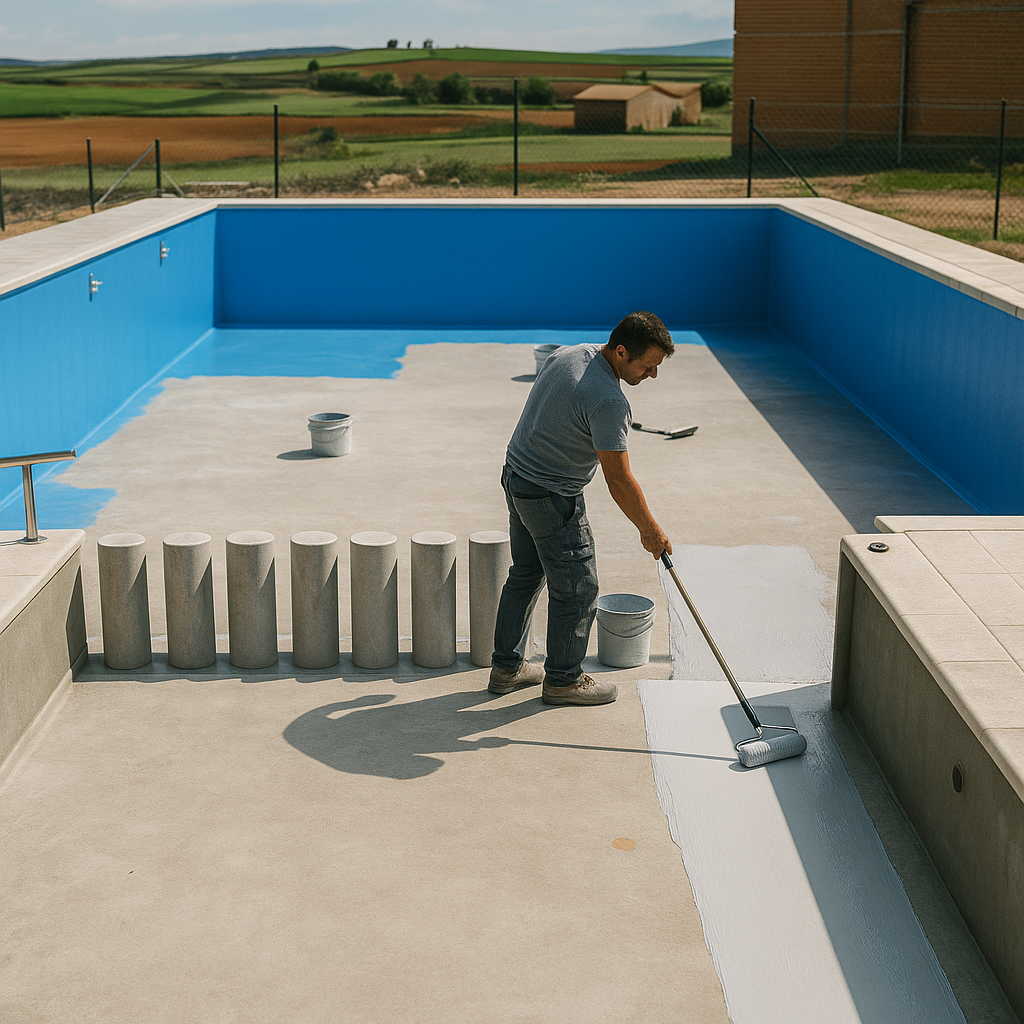 Pintado e impermeabilización del vaso de piscina Operario SERFASAN aplicando capa impermeabilizante sobre fondo de piscina de hormigón