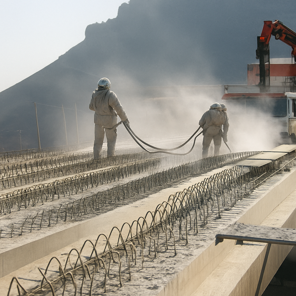 Preparación de superficie para refuerzo estructural en obra civil Operarios SERFASAN proyectando tratamiento sobre vigas de hormigón armado